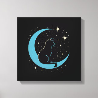 Impressão Em Tela Gato Místico no Céu Noturno da Lua Azul