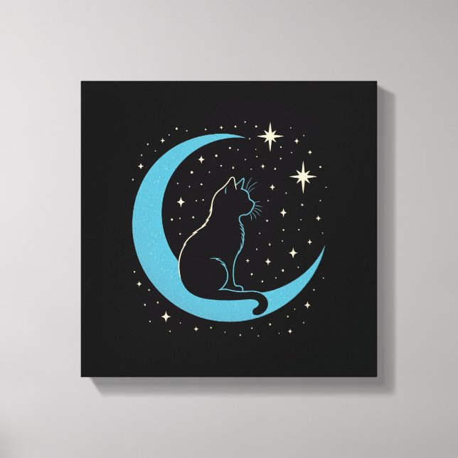 Impressão Em Tela Gato Místico no Céu Noturno da Lua Azul (Frente)