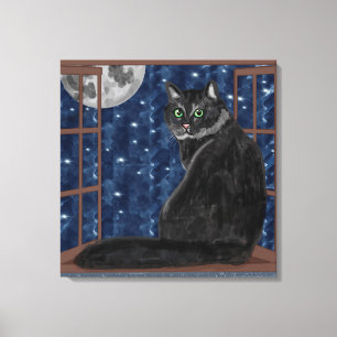 Impressão Em Tela Gato Negro Olhando para a Lua e as Estrelas