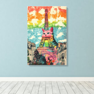 Impressão Em Tela Gato Parisiense - Arte Fantástica em Torre Eiffel