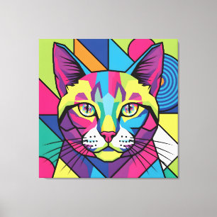 Impressão Em Tela Gato Pop Art Geométrico Abstrato Moderno