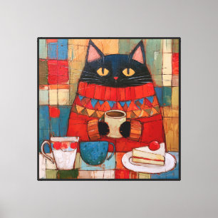 Impressão Em Tela Gato Preto Aconchegante Bebendo Café No Café