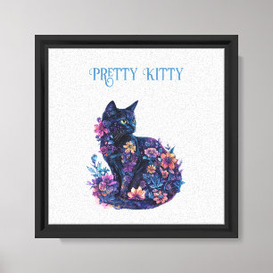 Impressão Em Tela Gato Preto Azul Flores Gatinho Bonito