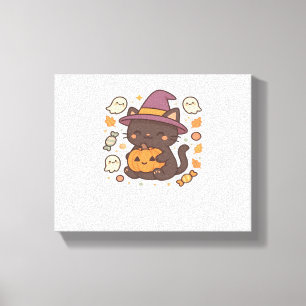 Impressão Em Tela Gato preto bonito com chapéu de bruxa - Kawaii Hal