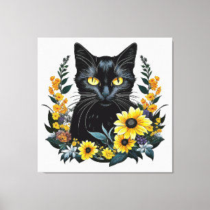 Impressão Em Tela gato preto com flores