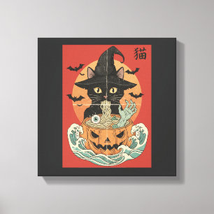 Impressão Em Tela Gato preto come ramen japonês no Halloween