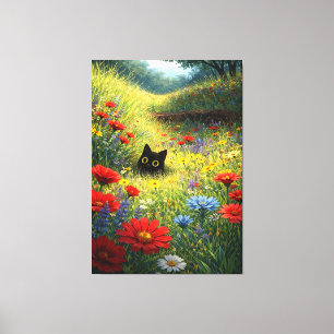 Impressão Em Tela Gato Preto Curioso em uma Campina de Flores Silves