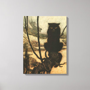 Impressão Em Tela Gato Preto de Halloween Assustador Vintage Rackham