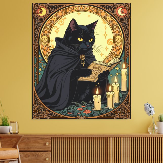 Impressão Em Tela Gato Preto de Halloween Lendo um Livro (Insitu(Sala de estar))