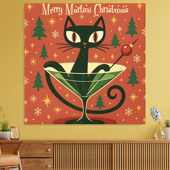 Impressão Em Tela Gato Preto de Meados do Século Feliz Martini Natal (Insitu(Sala de estar))