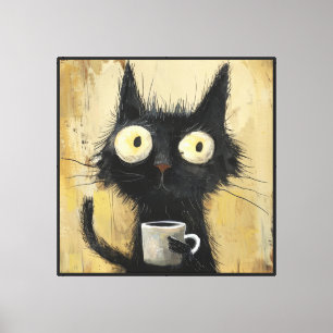 Impressão Em Tela Gato Preto Desgrenhado com Café em Marrom Grunge
