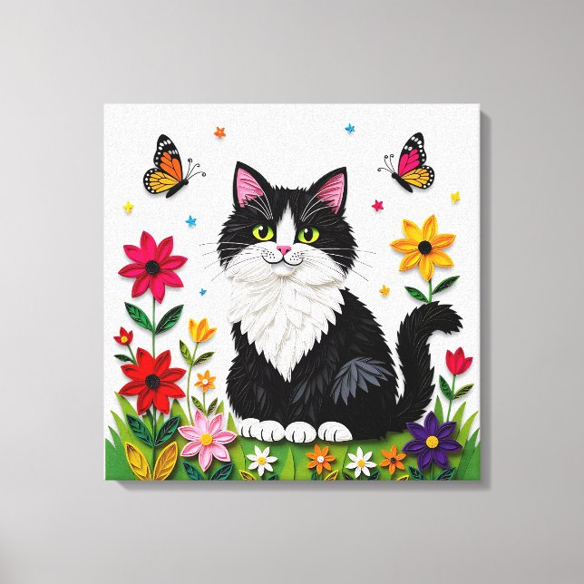 Impressão Em Tela Gato Preto e Branco Fofo, Flores e Borboletas (Frente)