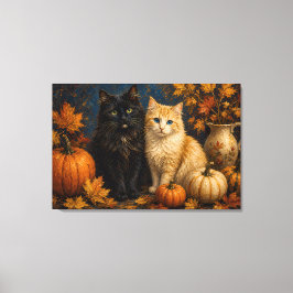 Impressão Em Tela Gato Preto e Gato Laranja de Halloween Vintage