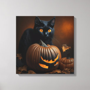 Impressão Em Tela Gato Preto e Jack-O-Lantern
