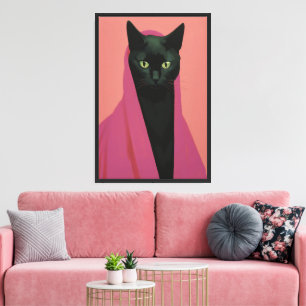 Impressão Em Tela Gato Preto Elegante em Rosa