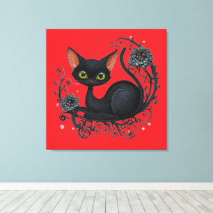 Impressão Em Tela Gato Preto em um Berço de Flores