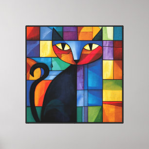Impressão Em Tela Gato Preto Geométrico Vidro Pintado Grade