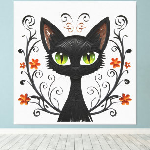 Impressão Em Tela Gato Preto Minimalista Olhos Verdes Desenho em Fil