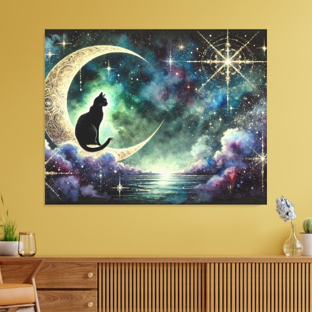 Impressão Em Tela Gato Preto na Lua Crescente com Céu Noturno Estrel (Insitu(Sala de estar))