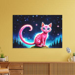 Impressão Em Tela Gato rosa fantástico na floresta mágica estelar no