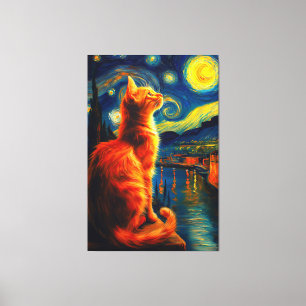 Impressão Em Tela Gato Ruivo Contemplativo Céu Noturno Estrelado