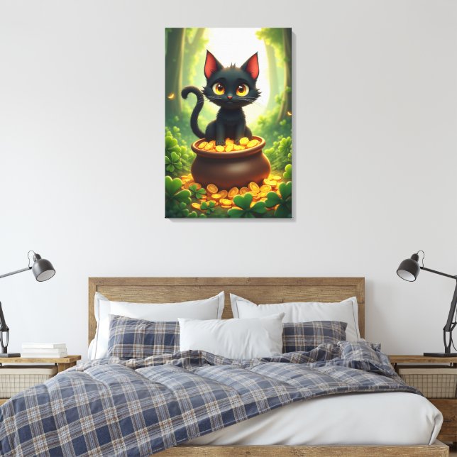 Impressão Em Tela Gato Whimsical em um Pote Dourado (Insitu(Quarto))