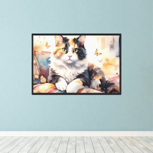 Impressão Em Tela Gato Xadrez de Aquarela Caprichosa e Borboletas