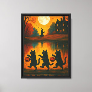 Impressão Em Tela Gatos de Halloween dançando com bruxa e lua