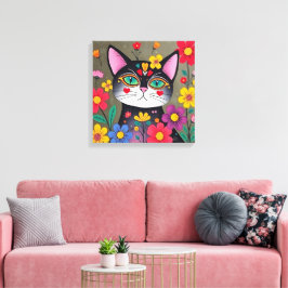 Impressão Em Tela Gatos e flores de arte em preto