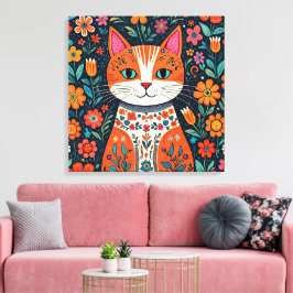 Impressão Em Tela Gatos e Flores de Arte Folical Whimsical