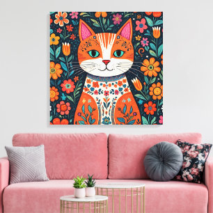 Impressão Em Tela Gatos e Flores de Arte Folical Whimsical