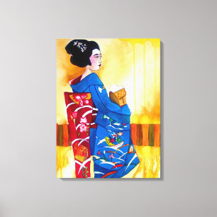 Impressão Em Tela Geisha japonesa com arte original quimono azul