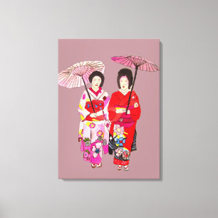 Impressão Em Tela Geisha japonesa senhoras rosa kimono arte original