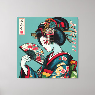 Impressão Em Tela Geisha Pensiva com Ventilador na Arte Ukiyo-e
