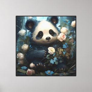 Impressão Em Tela Gentil Urso Panda Entre Rosas Selvagens