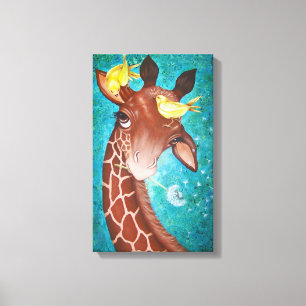 Impressão Em Tela Girafa bonito com pintura dos pássaros