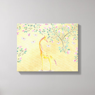 Impressão Em Tela Girafa em aquarela Borboletas e Flor