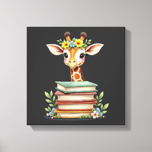 Impressão Em Tela Girafa Fofa Com Livro Floral Bookworm Bibliotecári