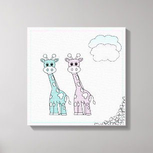 Impressão Em Tela Girafas bonitos com corações e nuvens