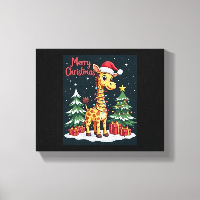 Impressão Em Tela Giraffe Feliz Natal Iluminação da Árvore de Natal  (Frente)