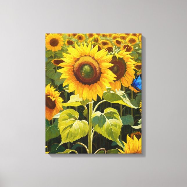 Impressão Em Tela Girassóis com borboleta azul (Frente)