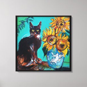 IMPRESSÃO EM TELA GIRASSÓIS COM GATO PRETO EM TURQUESA AZUL