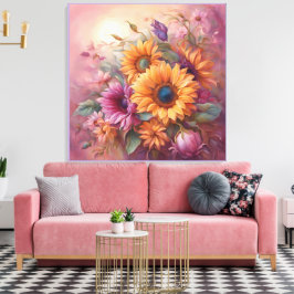 Impressão Em Tela Girassóis de Verão em Rosa e Amarelo