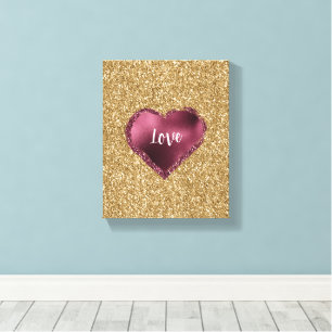 Impressão Em Tela Glitter Dourado Vermelho Burgundy Coração Amor