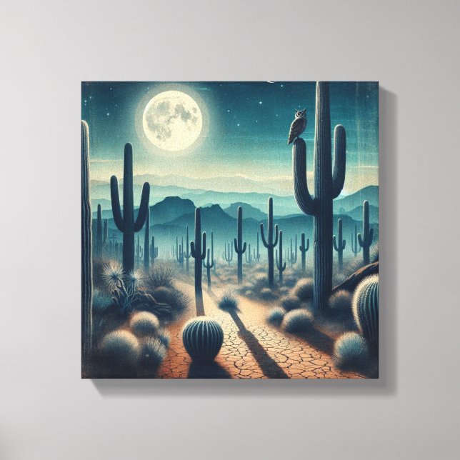 Impressão Em Tela Glowing Moonlit Desert with Cactus and Fireflies (Frente)