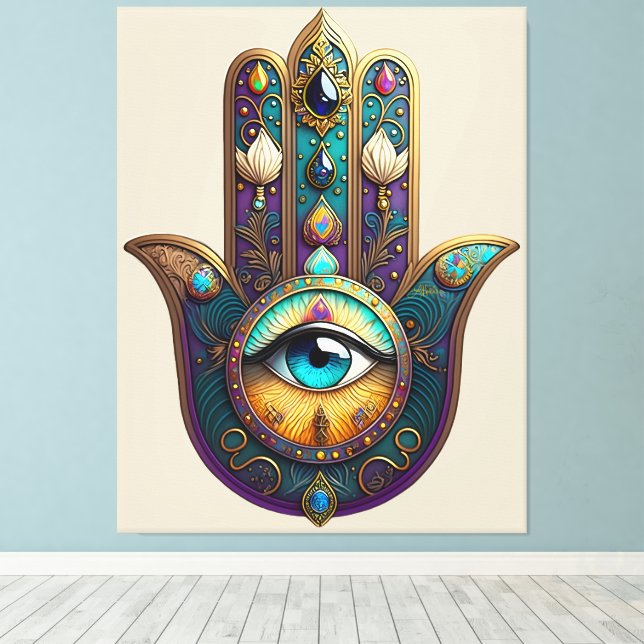 Impressão Em Tela Gold Violet Teal Hamsa w/ Turquoise Third Eye (Insitu(piso de madeira))