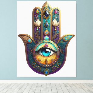 Impressão Em Tela Gold Violeta Verde-água Hamsa c/ Terceiro Olho Tur