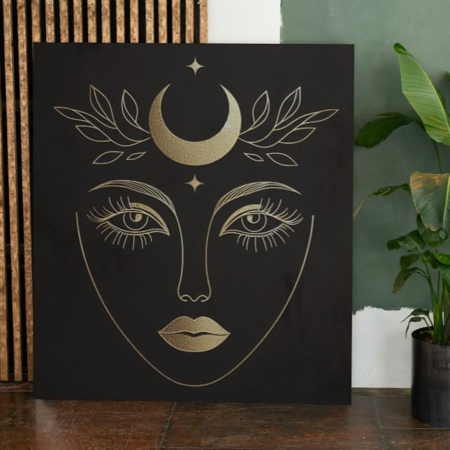 Impressão Em Tela Golden Moon Crown Abstract Feminine Portrait (Feminine moon power. Mystic wall art for your home. #MoonGoddess #BohoDecor)