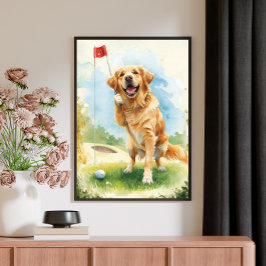 Impressão Em Tela Golden Retriever Golf Watercolor Poster