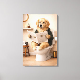 Impressão Em Tela Golden Retriever Lendo Jornal Humor de Banheiro